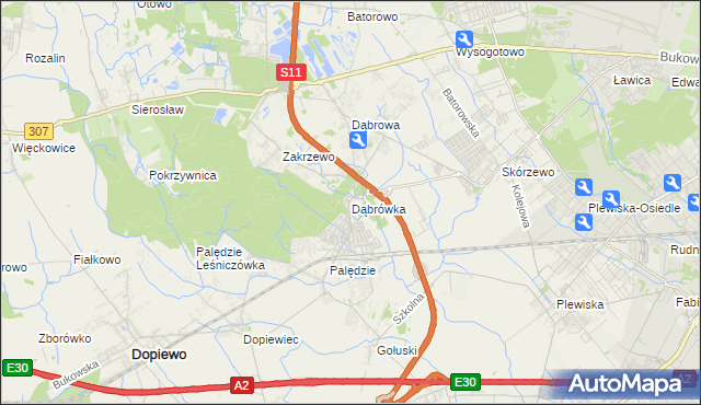 mapa Dąbrówka gmina Dopiewo, Dąbrówka gmina Dopiewo na mapie Targeo