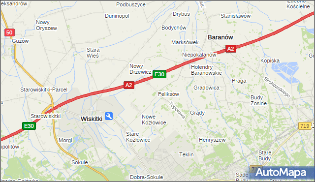 mapa Feliksów gmina Wiskitki, Feliksów gmina Wiskitki na mapie Targeo