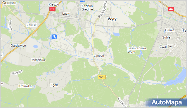 mapa Gostyń gmina Wyry, Gostyń gmina Wyry na mapie Targeo