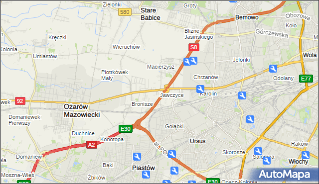mapa Jawczyce gmina Ożarów Mazowiecki, Jawczyce gmina Ożarów Mazowiecki na mapie Targeo