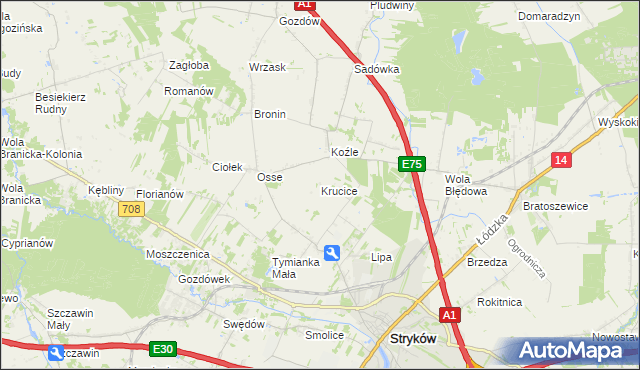 mapa Krucice gmina Stryków, Krucice gmina Stryków na mapie Targeo
