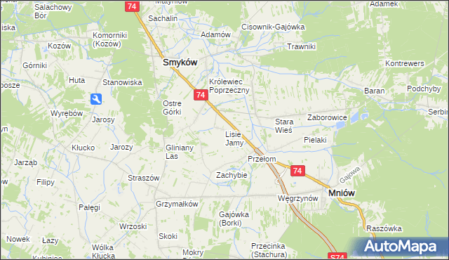 mapa Lisie Jamy gmina Mniów, Lisie Jamy gmina Mniów na mapie Targeo