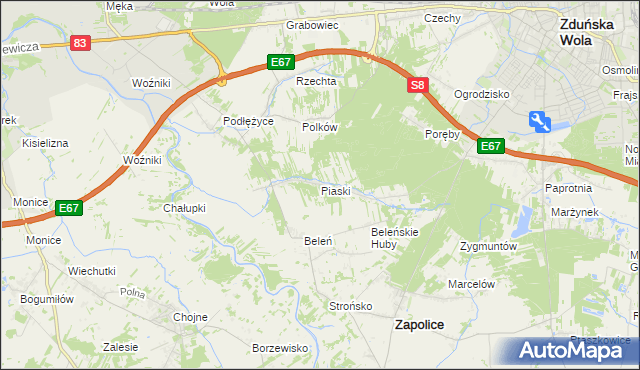 mapa Piaski gmina Zduńska Wola, Piaski gmina Zduńska Wola na mapie Targeo