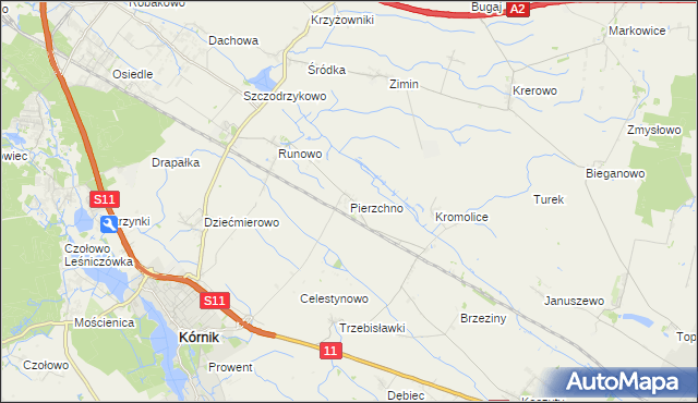 mapa Pierzchno gmina Kórnik, Pierzchno gmina Kórnik na mapie Targeo