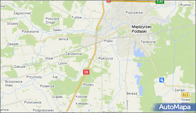 mapa Rzeczyca gmina Międzyrzec Podlaski, Rzeczyca gmina Międzyrzec Podlaski na mapie Targeo