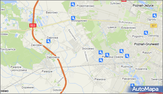 mapa Skórzewo gmina Dopiewo, Skórzewo gmina Dopiewo na mapie Targeo
