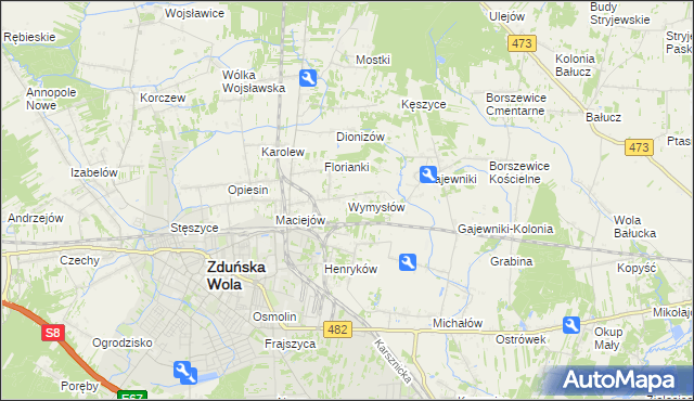 mapa Wymysłów gmina Zduńska Wola, Wymysłów gmina Zduńska Wola na mapie Targeo