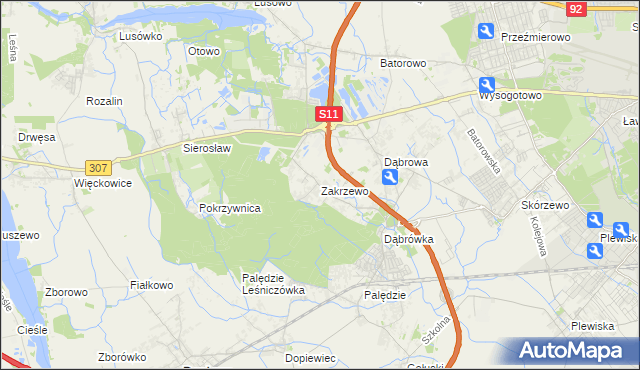 mapa Zakrzewo gmina Dopiewo, Zakrzewo gmina Dopiewo na mapie Targeo