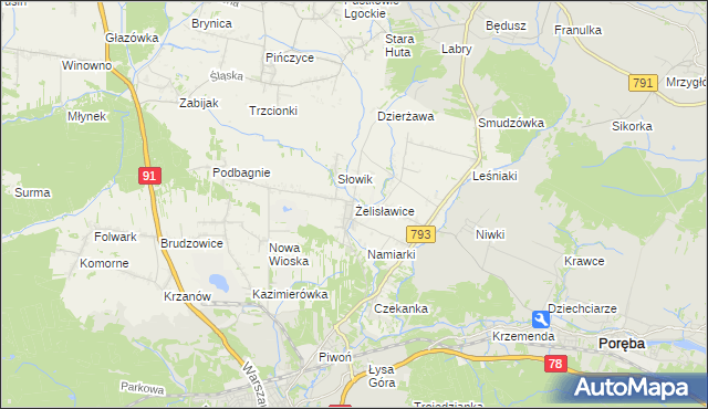 mapa Żelisławice gmina Siewierz, Żelisławice gmina Siewierz na mapie Targeo