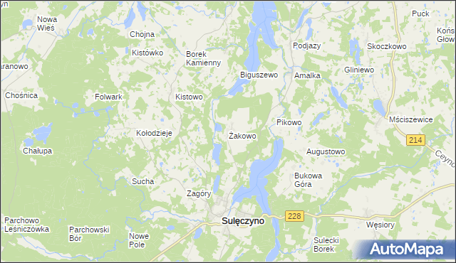 mapa Żakowo gmina Sulęczyno, Żakowo gmina Sulęczyno na mapie Targeo