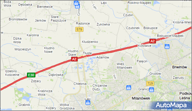 mapa Adamów gmina Grodzisk Mazowiecki, Adamów gmina Grodzisk Mazowiecki na mapie Targeo