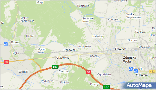 mapa Andrzejów gmina Zduńska Wola, Andrzejów gmina Zduńska Wola na mapie Targeo