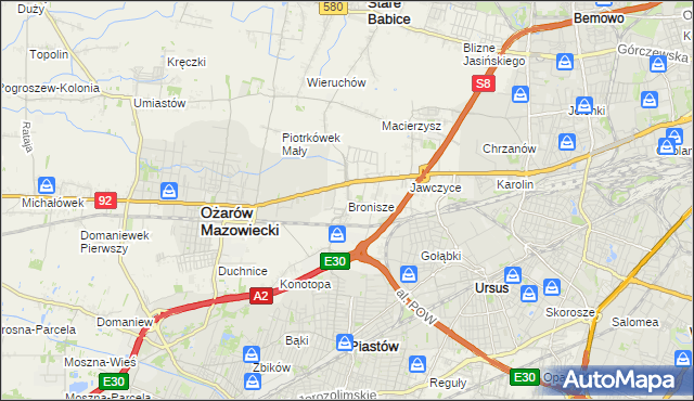 mapa Bronisze gmina Ożarów Mazowiecki, Bronisze gmina Ożarów Mazowiecki na mapie Targeo