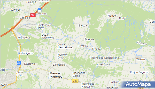 mapa Brzezinki gmina Masłów, Brzezinki gmina Masłów na mapie Targeo