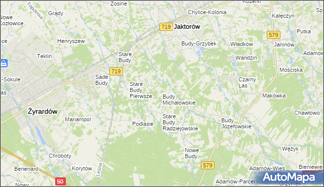 mapa Budy Michałowskie gmina Jaktorów, Budy Michałowskie gmina Jaktorów na mapie Targeo