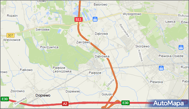 mapa Dąbrówka gmina Dopiewo, Dąbrówka gmina Dopiewo na mapie Targeo