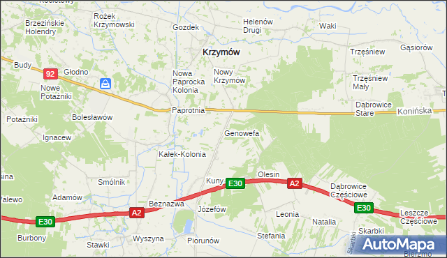 mapa Genowefa gmina Krzymów, Genowefa gmina Krzymów na mapie Targeo