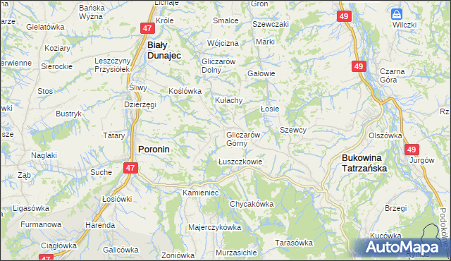 mapa Gliczarów Górny, Gliczarów Górny na mapie Targeo