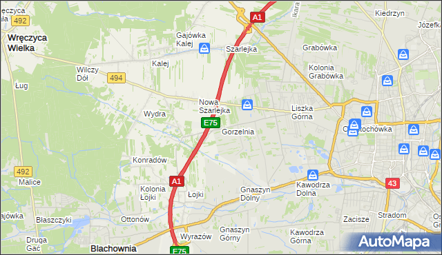 mapa Gorzelnia gmina Blachownia, Gorzelnia gmina Blachownia na mapie Targeo