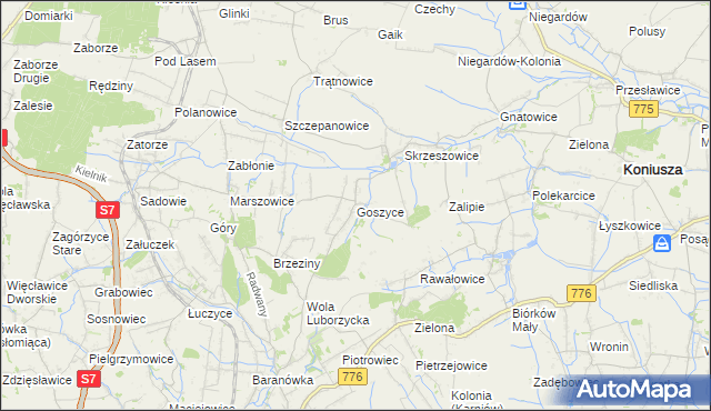 mapa Goszyce gmina Kocmyrzów-Luborzyca, Goszyce gmina Kocmyrzów-Luborzyca na mapie Targeo