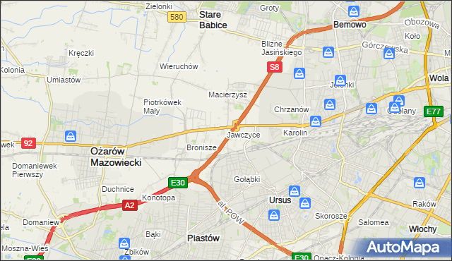 mapa Jawczyce gmina Ożarów Mazowiecki, Jawczyce gmina Ożarów Mazowiecki na mapie Targeo