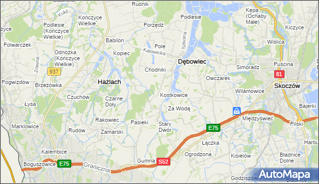 mapa Kostkowice gmina Dębowiec, Kostkowice gmina Dębowiec na mapie Targeo