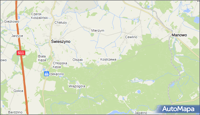 mapa Kostrzewa gmina Manowo, Kostrzewa gmina Manowo na mapie Targeo
