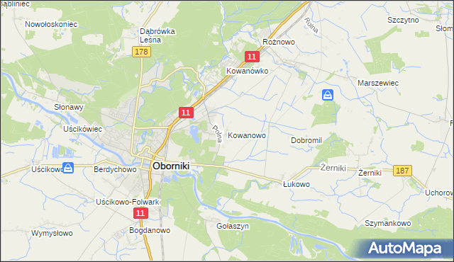 mapa Kowanowo gmina Oborniki, Kowanowo gmina Oborniki na mapie Targeo