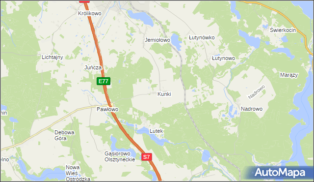 mapa Kunki gmina Olsztynek, Kunki gmina Olsztynek na mapie Targeo