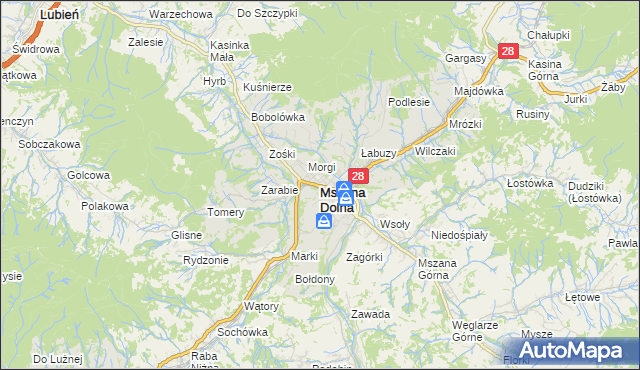 mapa Mszana Dolna, Mszana Dolna na mapie Targeo