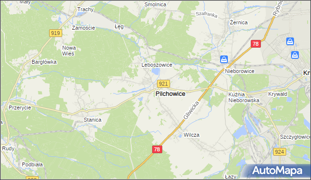 mapa Pilchowice powiat gliwicki, Pilchowice powiat gliwicki na mapie Targeo