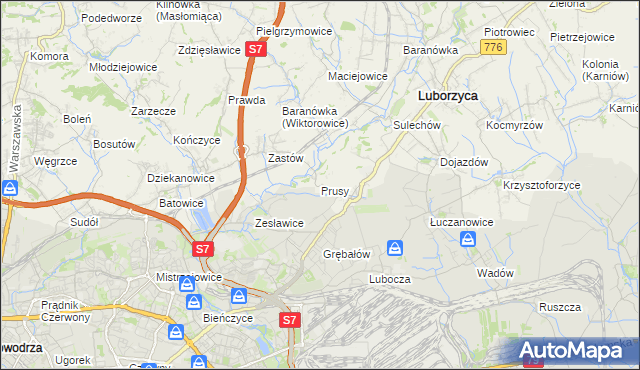 mapa Prusy gmina Kocmyrzów-Luborzyca, Prusy gmina Kocmyrzów-Luborzyca na mapie Targeo