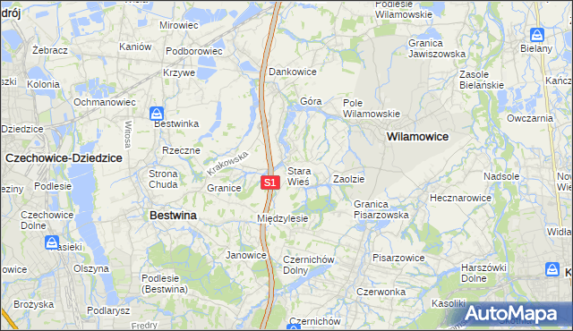 mapa Stara Wieś gmina Wilamowice, Stara Wieś gmina Wilamowice na mapie Targeo