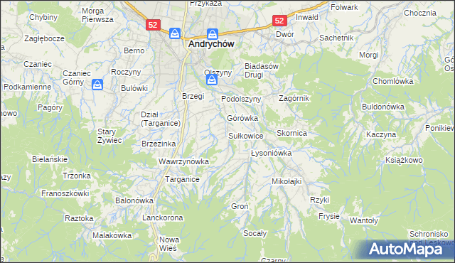 mapa Sułkowice gmina Andrychów, Sułkowice gmina Andrychów na mapie Targeo