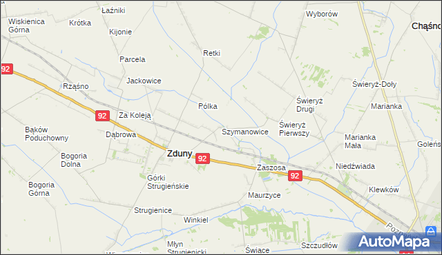 mapa Szymanowice gmina Zduny, Szymanowice gmina Zduny na mapie Targeo