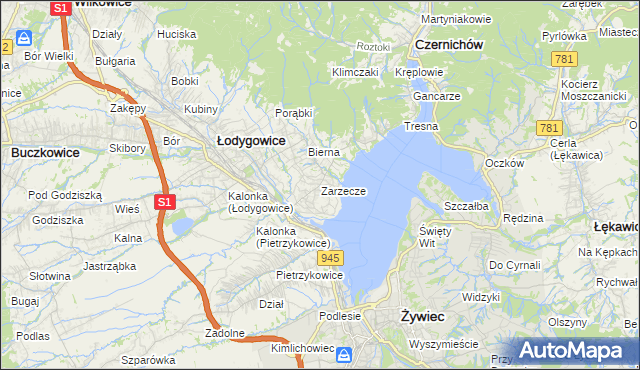mapa Zarzecze gmina Łodygowice, Zarzecze gmina Łodygowice na mapie Targeo