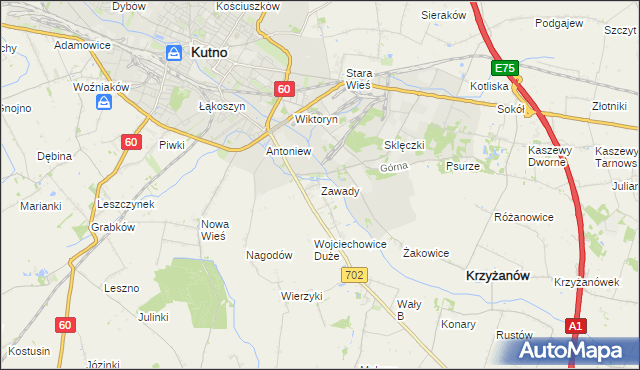 mapa Zawady gmina Krzyżanów, Zawady gmina Krzyżanów na mapie Targeo