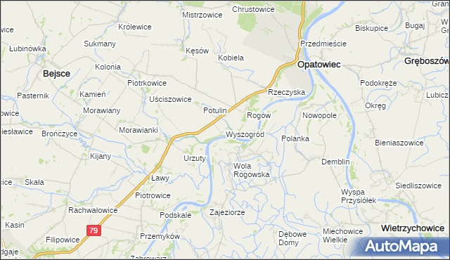mapa Wyszogród gmina Opatowiec, Wyszogród gmina Opatowiec na mapie Targeo