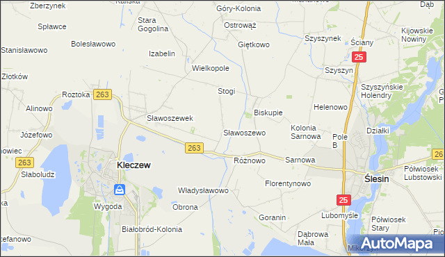 mapa Sławoszewo gmina Kleczew, Sławoszewo gmina Kleczew na mapie Targeo