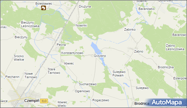 mapa Grzybno gmina Brodnica, Grzybno gmina Brodnica na mapie Targeo