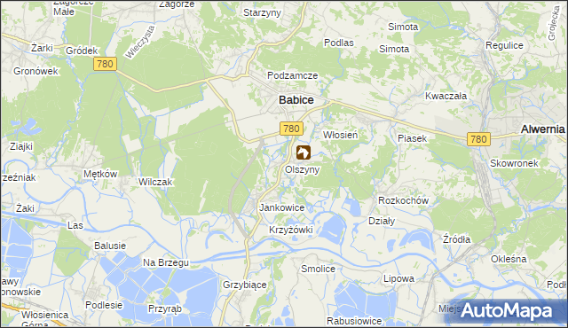 mapa Olszyny gmina Babice, Olszyny gmina Babice na mapie Targeo
