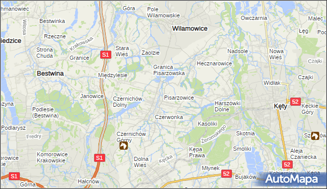 mapa Pisarzowice gmina Wilamowice, Pisarzowice gmina Wilamowice na mapie Targeo