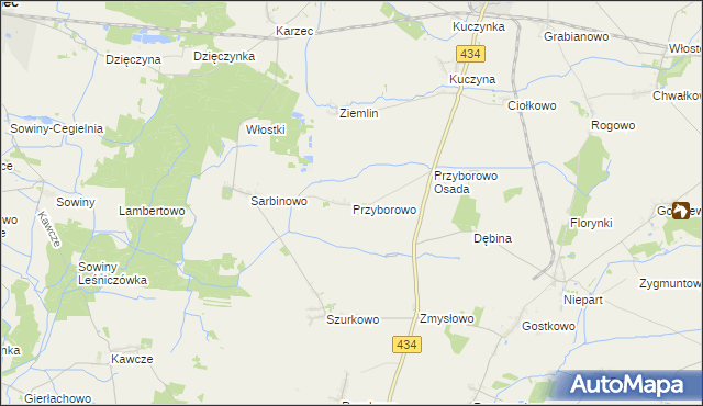 mapa Przyborowo gmina Krobia, Przyborowo gmina Krobia na mapie Targeo