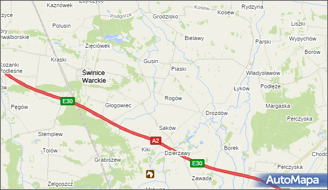 mapa Rogów gmina Świnice Warckie, Rogów gmina Świnice Warckie na mapie Targeo