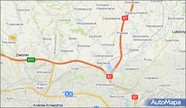 mapa Dziekanowice gmina Zielonki, Dziekanowice gmina Zielonki na mapie Targeo