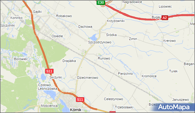 mapa Runowo gmina Kórnik, Runowo gmina Kórnik na mapie Targeo