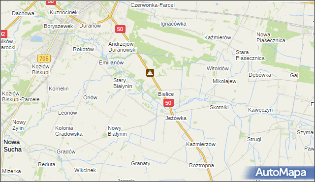 mapa Bielice gmina Sochaczew, Bielice gmina Sochaczew na mapie Targeo