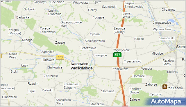 mapa Biskupice gmina Iwanowice, Biskupice gmina Iwanowice na mapie Targeo
