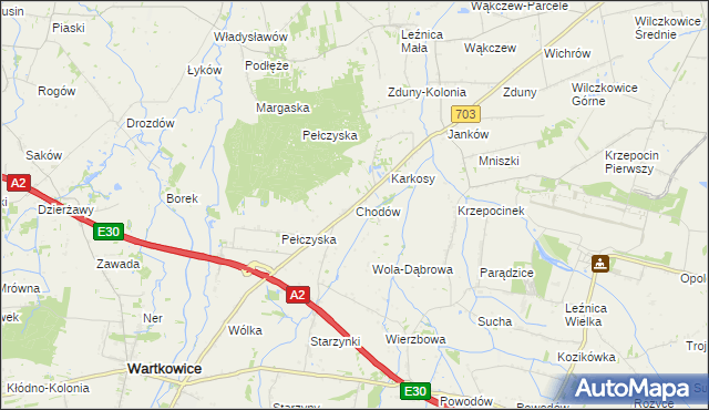 mapa Chodów gmina Wartkowice, Chodów gmina Wartkowice na mapie Targeo