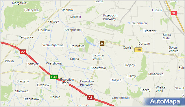 mapa Leźnica Wielka, Leźnica Wielka na mapie Targeo
